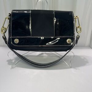 Isaac Mizrahi Black Patent Shoulder Bag with Gold Accents